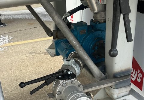 Blue Blackmer pump on a fuel trailer serviced by Ames Hydraulics