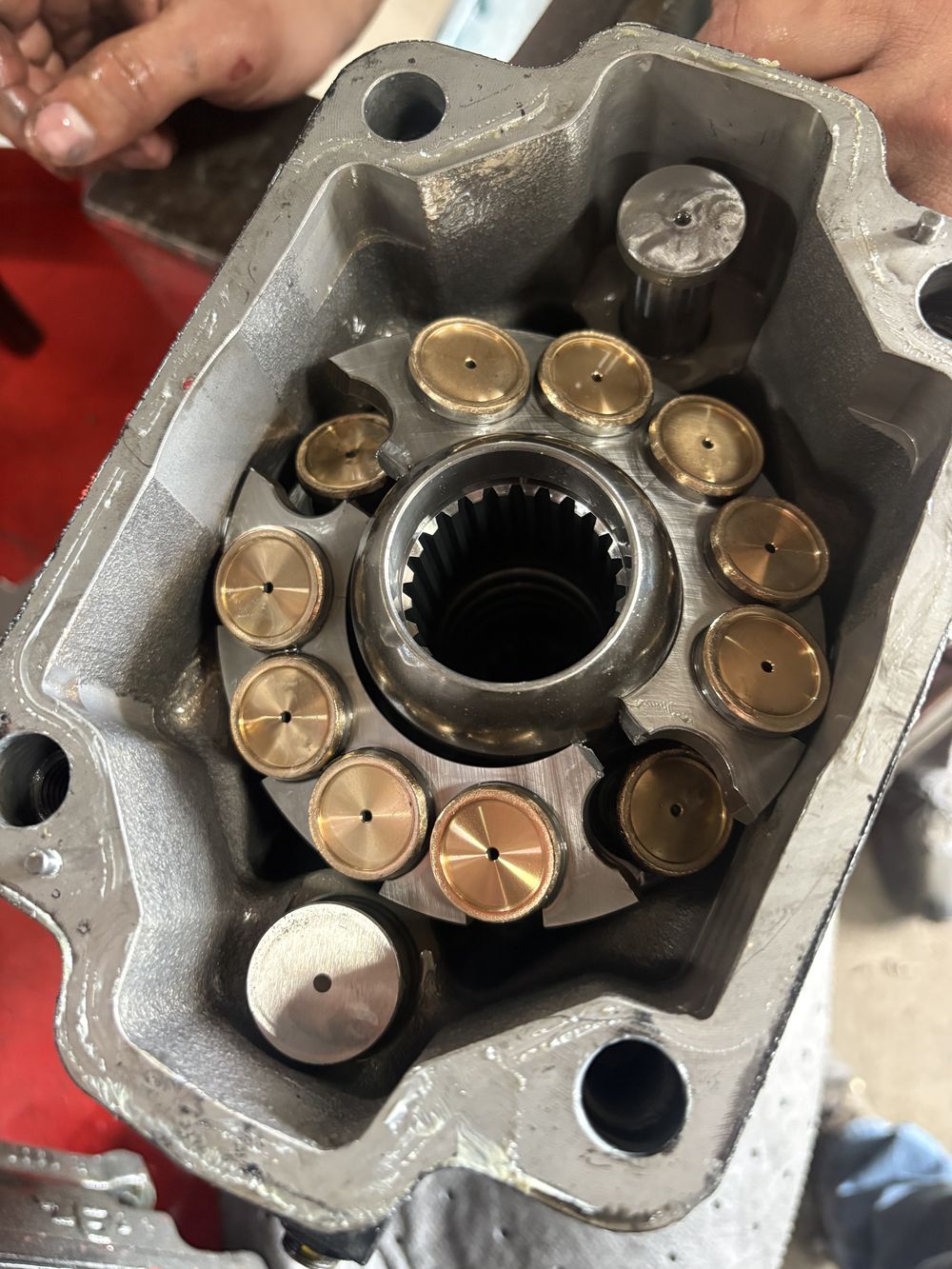 Piston pump rotating group during rebuild at Ames Hydraulics in Ames, Iowa
